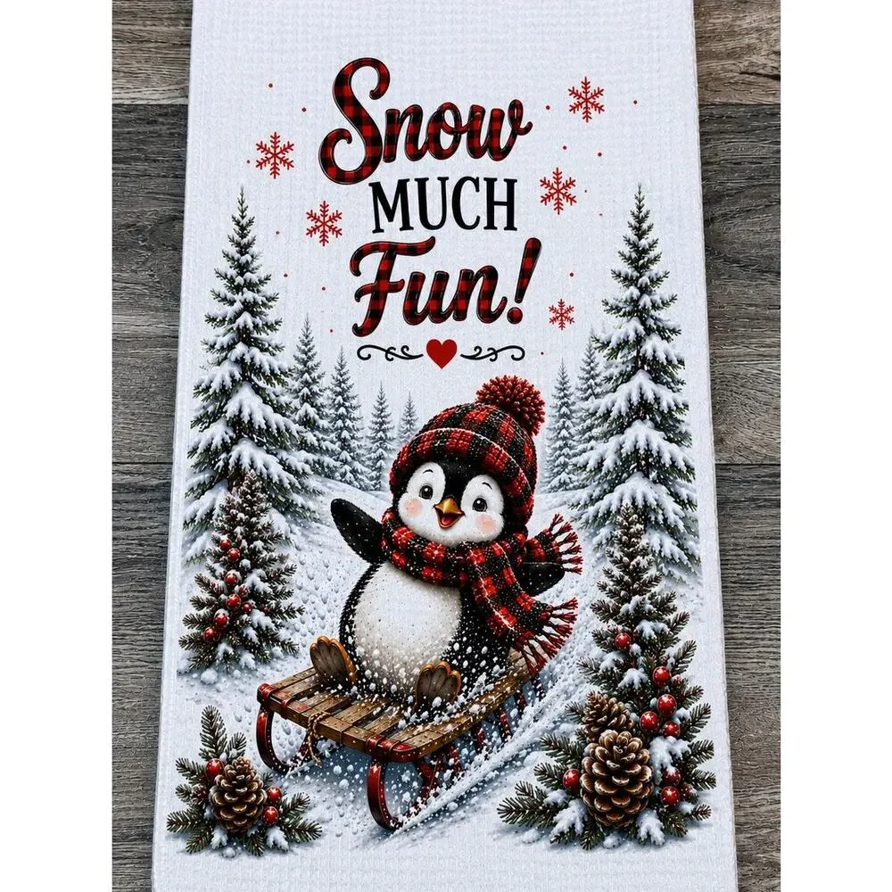 Snow Much Fun Penguin Kitchen Towel Red Buffalo Plaid Winter Decor